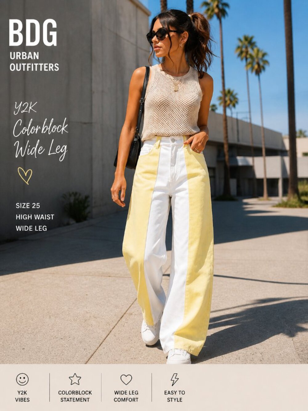 BDG URBAN OUTFITTERS Colorblock Wide Leg Jeans 25 Yellow White Y2K High Waist - Picture 5 of 15